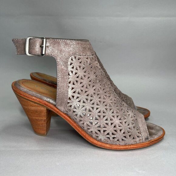 Trask Parker Sandals Women's 7 Pewter Suede Perforated Heeled Slingback Heels - Picture 1 of 11